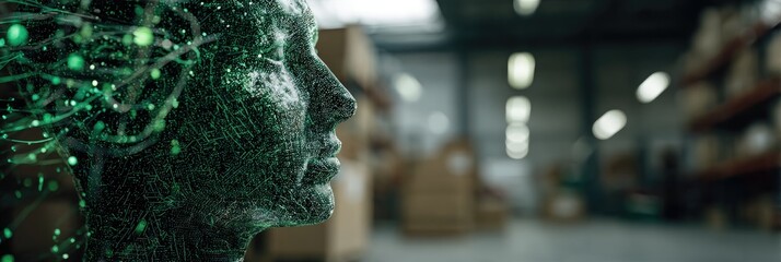Artificial intelligence head in a warehouse setting.