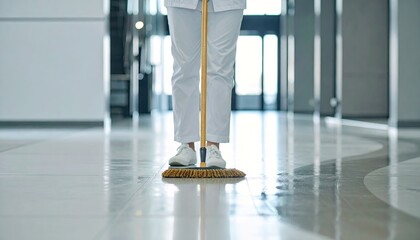 Fototapeta premium Person in White Uniform Mopping Gleaming Floor in Modern Building