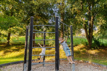 Two children are having fun playing on climbing bars in a nature playground. The warm sunlight filters through the trees, creating a joyful atmosphere in this outdoor setting