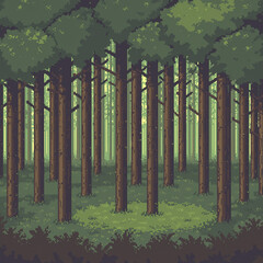 Fototapeta premium Pixelated 8-bit style forest scene, tall trees represented by vertical green and brown blocks, ground textured with repeating square patterns, dappled light simulated with lighter