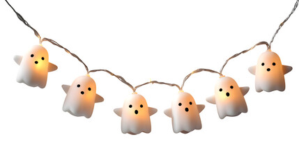 String lights shaped like tiny ghost figures, isolated on white background