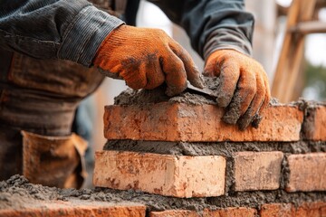 Skilled Masonry Restoration: Builder Crafting Brick Wall with Trowel Amidst a Vibrant Background