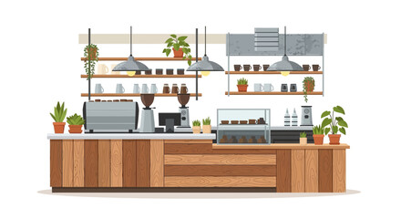 Cozy cafe interior with wooden counter and greenery decor shelves