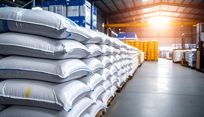White bags stacked in warehouse