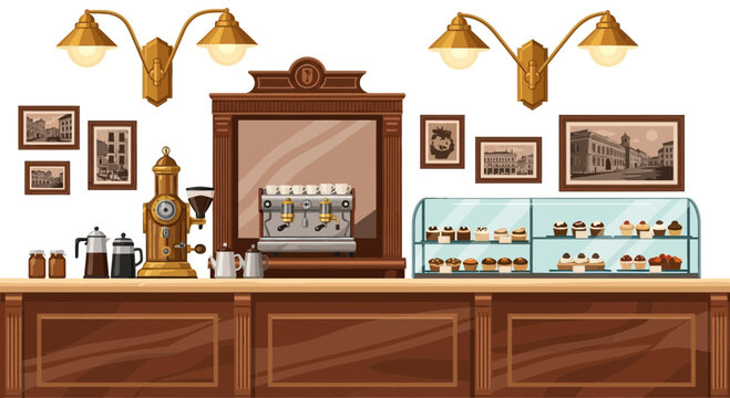 Cozy coffee shop interior with vintage flair and delicious pastry display