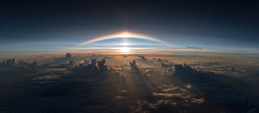 Stunning view from above clouds, with sun halo and crepuscular rays