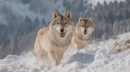 Obraz premium Two wolves running in the snow with a blurry forest background