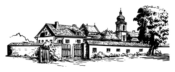 Obraz premium old european village with tower sketch