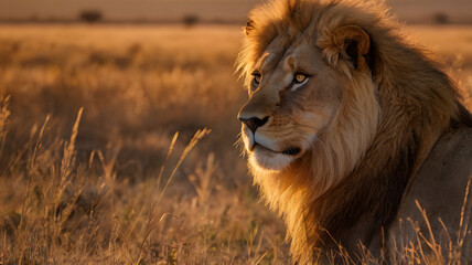 Obraz premium Close-Up of Male Lion with Golden Mane in Tall Grass