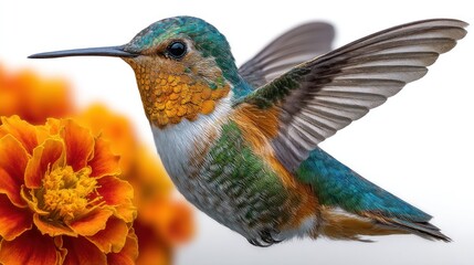 Close-up of a colorful hummingbird hovering near a vibrant orange flower