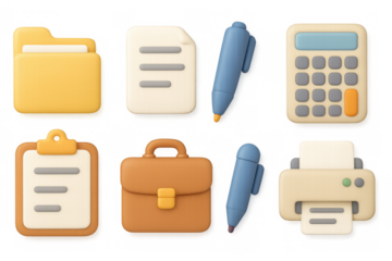 Colorful office supplies in 3d style: folder, file, pen, calculator, clipboard, briefcase, printer
