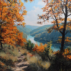 Obraz premium 息をのむような紅葉の美をアクリル画で表現した秋の山景、柔らかでいて力強いタッチが印象的な抽象的な風景画、壁紙やパッケージデザインにも使用可能なアート素材