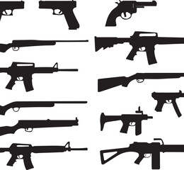 "Set of Firearm Silhouettes – Handguns, Rifles, Shotguns, and Tactical Weapons in Side View"