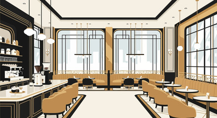 Elegant coffee shop interior illustration with booth seating and city view