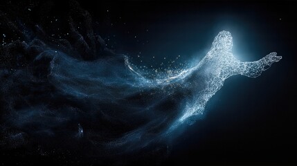 暗闇の中を漂う光り輝く粒子と線で構成された人型の表現 | Human-shaped representation composed of glowing particles and lines drifting in darkness