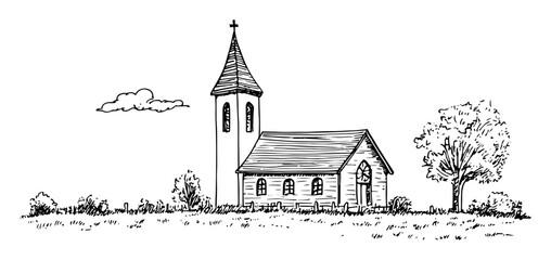old rural church building hand drawn