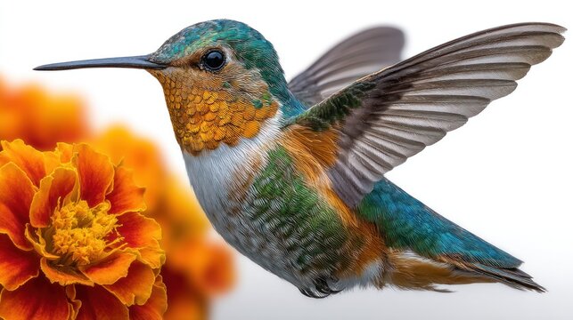 Close-up of a colorful hummingbird hovering near a vibrant orange flower