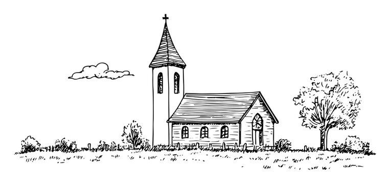 old rural church building hand drawn
