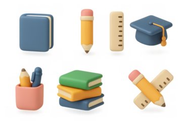 Colorful 3d education icons set with pencil, books, cap, ruler
