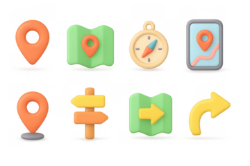 Colorful 3d navigation icons set featuring maps and directional symbols