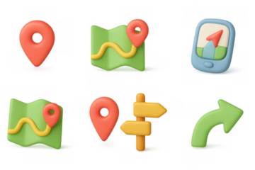 Colorful 3d navigation icons set with maps and directional markers