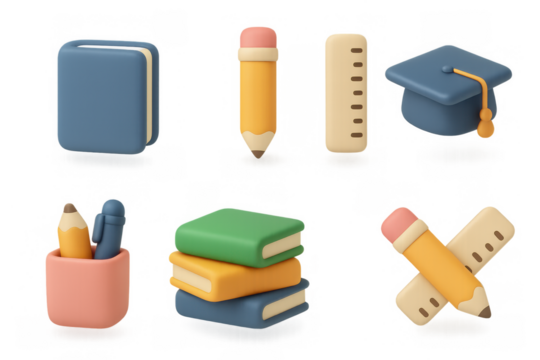 Colorful 3d education icons set with pencil, books, cap, ruler