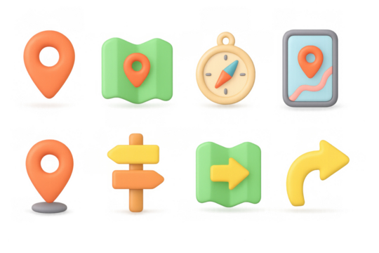 Colorful 3d navigation icons set featuring maps and directional symbols