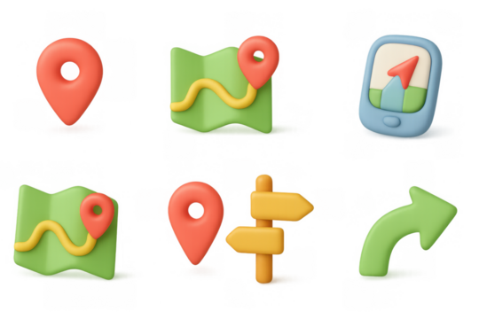 Colorful 3d navigation icons set with maps and directional markers