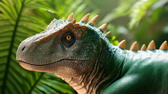 A Stegosaurus dinosaur peeking through lush green jungle foliage.