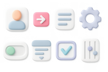 Colorful 3d ui icons set featuring gear, slider, and user interface elements