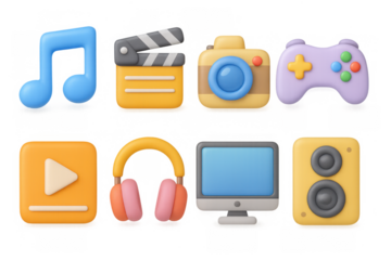 3d digital media icons set featuring music, photography, and gaming elements