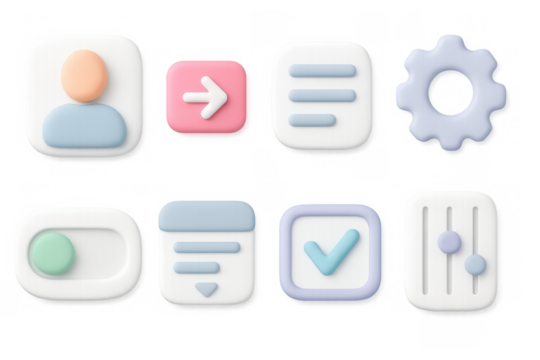 Colorful 3d ui icons set featuring gear, slider, and user interface elements