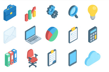 Isometric icon set: office essentials and business tools