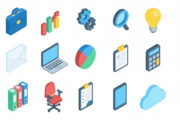 Isometric icon set: office essentials and business tools