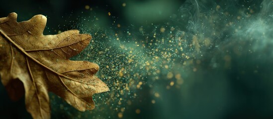 Golden leaf disintegrating into magical golden particles on dark backdrop