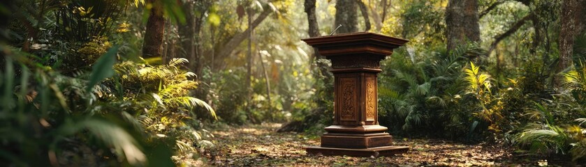 Wooden podium placed in tropical forest setting concept. A wooden pedestal surrounded by lush greenery in a forest.