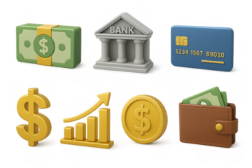 3d financial icons: bank, money, wallet, credit card, growth chart, currency symbols