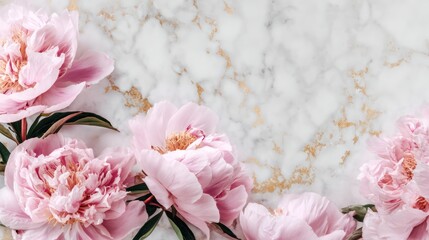 Soft pink peonies bloom against a luxurious marble background