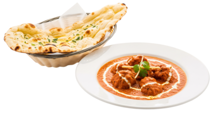 Indian chicken curry with naan bread isolated on transparent background
