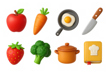 3d food icons set featuring fruits, vegetables, and cooking tools