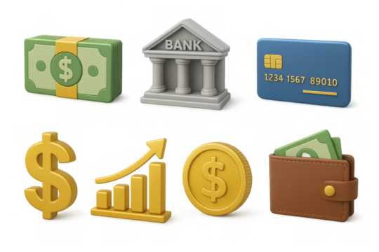 3d financial icons: bank, money, wallet, credit card, growth chart, currency symbols