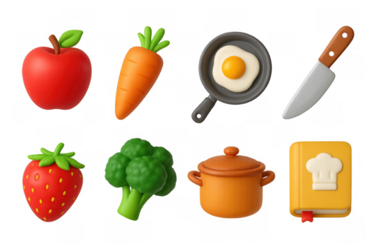 3d food icons set featuring fruits, vegetables, and cooking tools