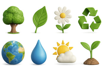 Eco icons set featuring nature and sustainability symbols in 3d clay style