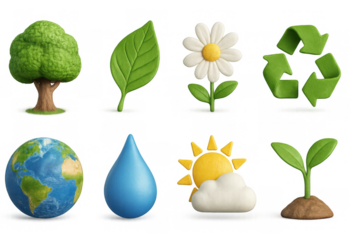 Eco icons set featuring nature and sustainability symbols in 3d clay style