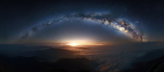 Milky Way arch over mountains at sunrise/sunset