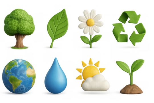 Eco icons set featuring nature and sustainability symbols in 3d clay style