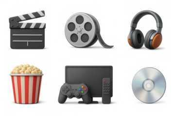 Icon set featuring cinema elements and gaming gear in 3d style for entertainment themes