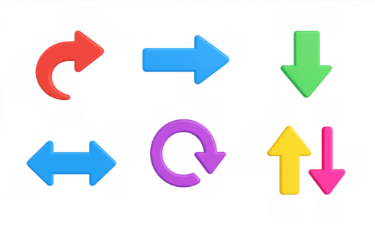 Colorful 3d arrow set with various directions and styles for navigation