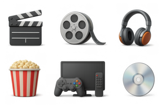 Icon set featuring cinema elements and gaming gear in 3d style for entertainment themes