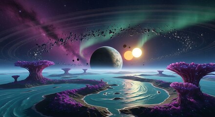 Alien Planet Landscape with Flora.